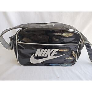 Vintage Nike Patent Leather Look Black Silver Messenger Gym Soccer Shoulder Bag